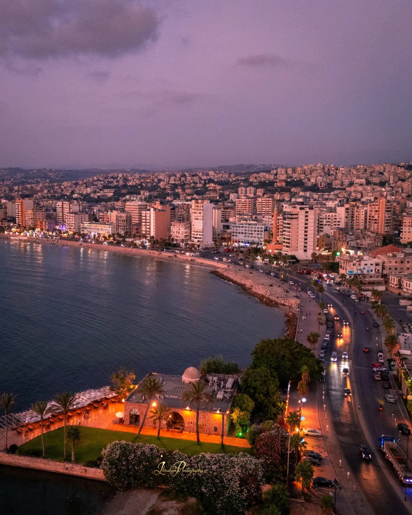Dense urban buildings in Sidon viewed in the evening